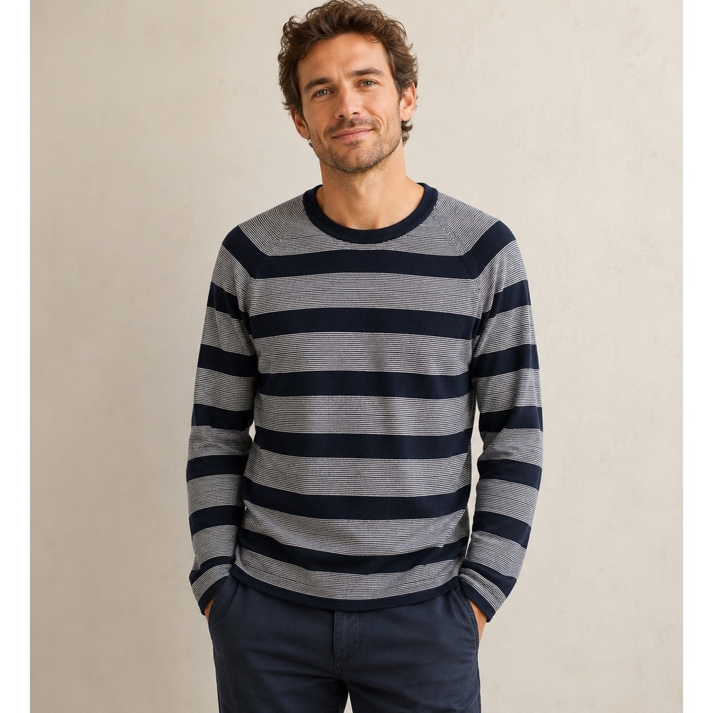 Billy Reid Sweater Mens XL Navy White Stripe Cotton Knit Made In Italy Luxury